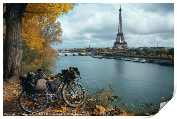 A bike is parked next to a tree, situated near a river in Paris. Print by Joaquin Corbalan
