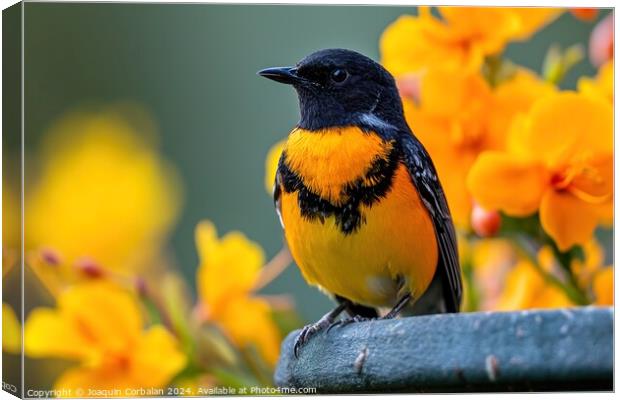 A yellow and black bird confidently sits on top of a sturdy metal fence. Canvas Print by Joaquin Corbalan