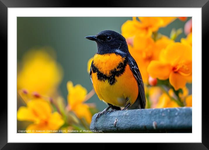 A yellow and black bird confidently sits on top of a sturdy metal fence. Framed Mounted Print by Joaquin Corbalan