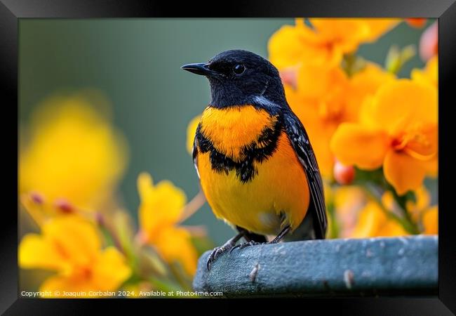 A yellow and black bird confidently sits on top of a sturdy metal fence. Framed Print by Joaquin Corbalan