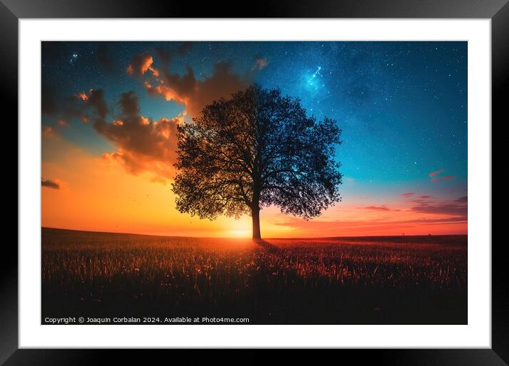 A solitary tree stands in the center of an open field, untouched by any surrounding elements. Framed Mounted Print by Joaquin Corbalan