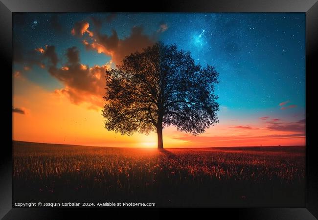 A solitary tree stands in the center of an open field, untouched by any surrounding elements. Framed Print by Joaquin Corbalan