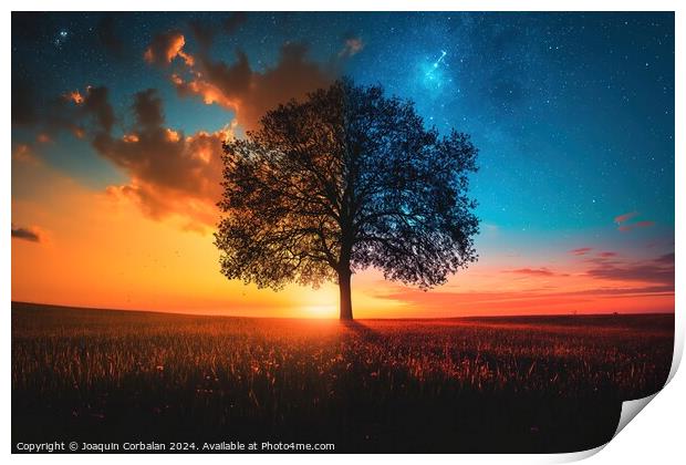 A solitary tree stands in the center of an open field, untouched by any surrounding elements. Print by Joaquin Corbalan