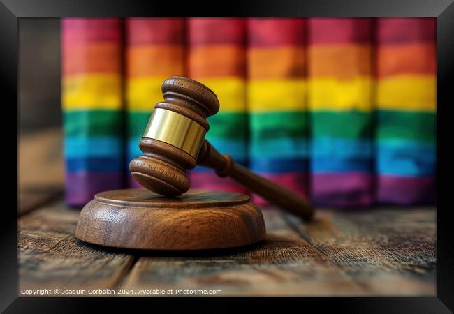 A wooden judges hammer placed on top of a wooden table, gay rights Framed Print by Joaquin Corbalan