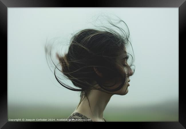 A woman standing outdoors with her hair blowing in the wind. Framed Print by Joaquin Corbalan