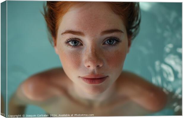 A woman with vibrant red hair and striking blue eyes is swimming and relaxing in a pool. Canvas Print by Joaquin Corbalan