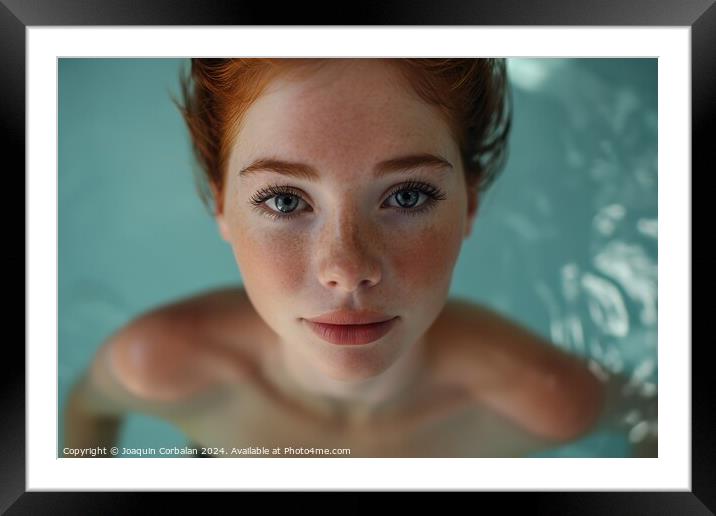 A woman with vibrant red hair and striking blue eyes is swimming and relaxing in a pool. Framed Mounted Print by Joaquin Corbalan