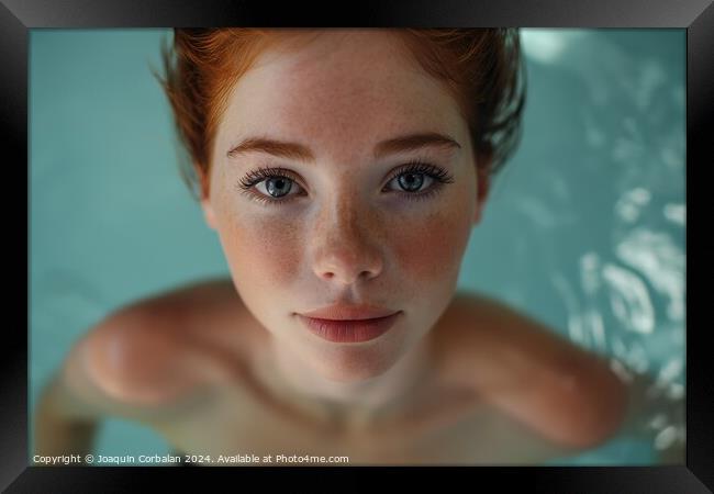 A woman with vibrant red hair and striking blue eyes is swimming and relaxing in a pool. Framed Print by Joaquin Corbalan