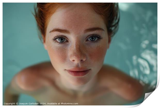 A woman with vibrant red hair and striking blue eyes is swimming and relaxing in a pool. Print by Joaquin Corbalan