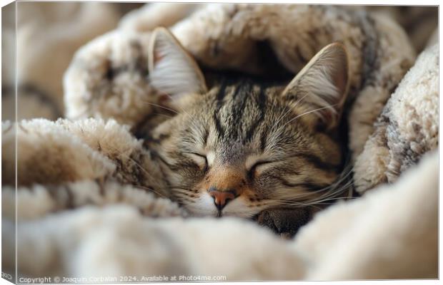 A cat peacefully sleeps on top of a bed, wrapped in a cozy blanket. Canvas Print by Joaquin Corbalan