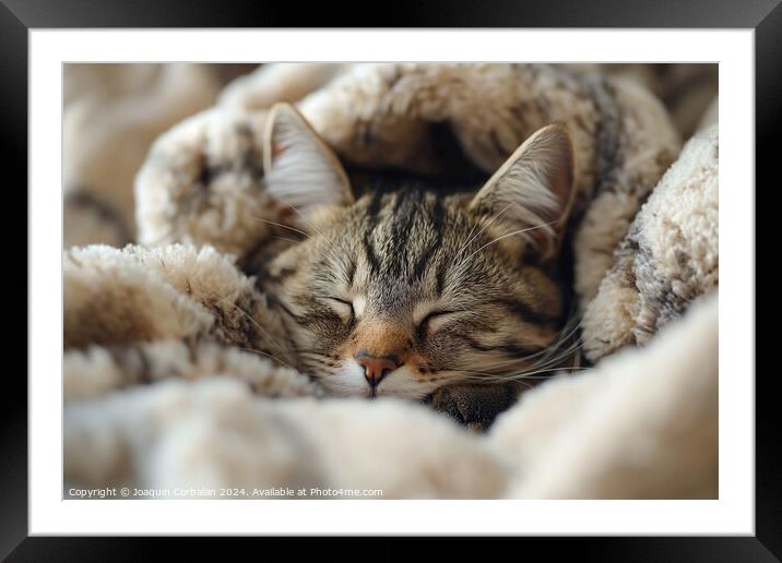 A cat peacefully sleeps on top of a bed, wrapped in a cozy blanket. Framed Mounted Print by Joaquin Corbalan