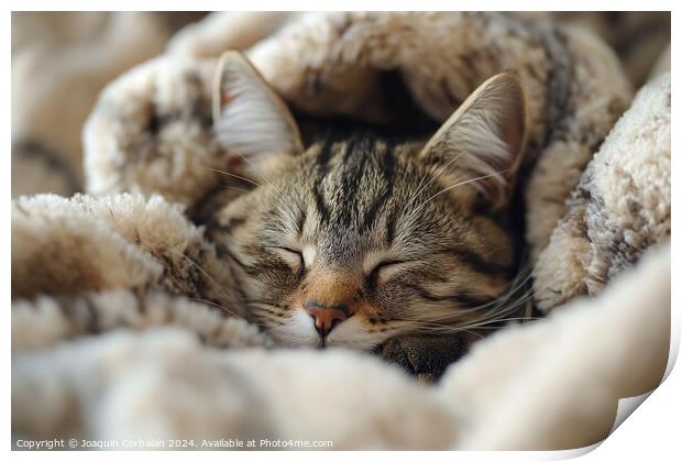 A cat peacefully sleeps on top of a bed, wrapped in a cozy blanket. Print by Joaquin Corbalan