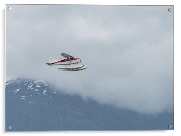 DeHavilland DHC-2 Float Plane Flying low past cloud covered mountains Alaska, USA Acrylic by Dave Collins