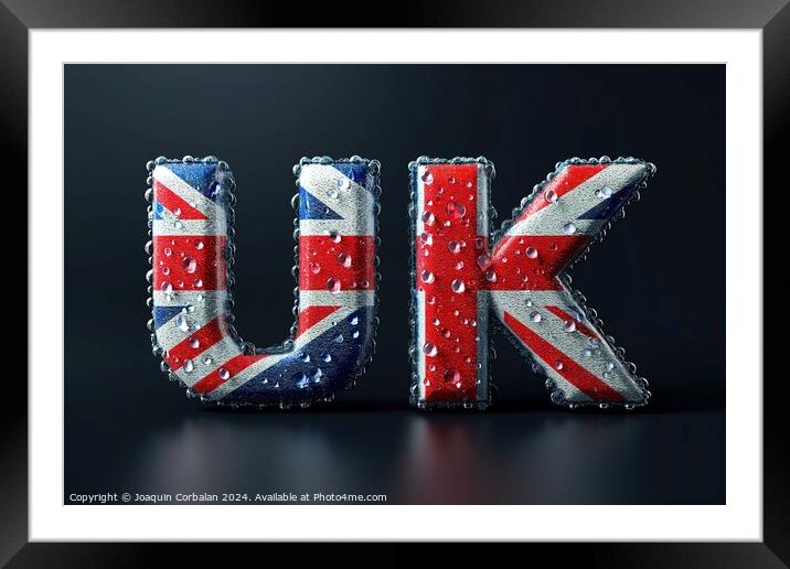 The image showcases the captivating sight of the letters UK created by ethereal water droplets, conveying a unique and artistic perspective. Framed Mounted Print by Joaquin Corbalan