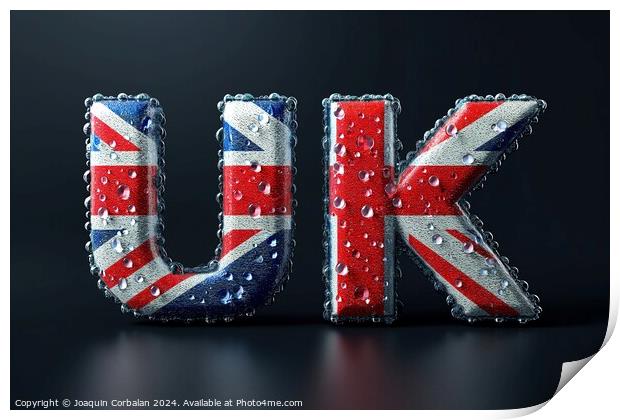 The image showcases the captivating sight of the letters UK created by ethereal water droplets, conveying a unique and artistic perspective. Print by Joaquin Corbalan