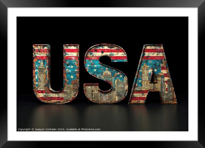 the transformation of the American flag into the word USA, symbolizing unity and patriotism. Framed Mounted Print by Joaquin Corbalan