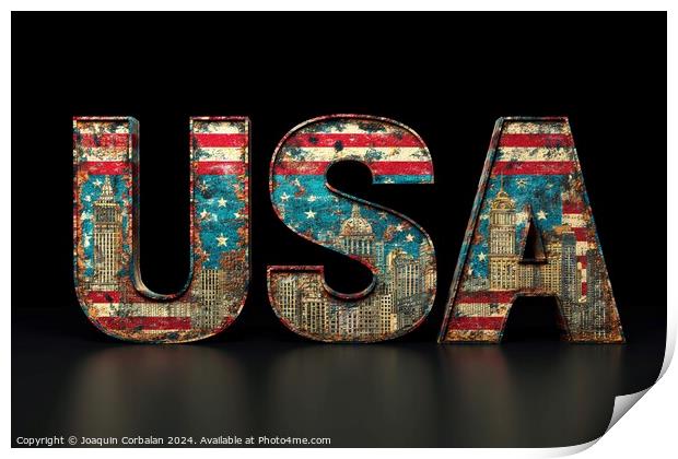 the transformation of the American flag into the word USA, symbolizing unity and patriotism. Print by Joaquin Corbalan