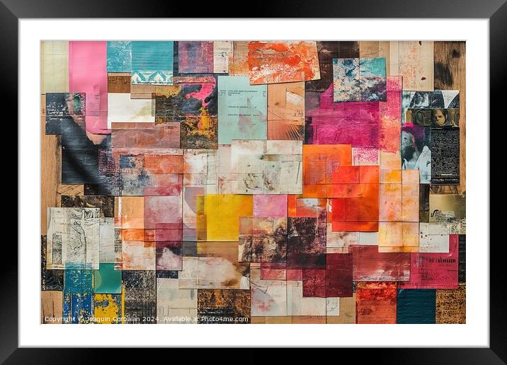 A captivating piece of art displayed on a wall, featuring a transformative collage of harmoniously blended papers, exuding vibrancy and creativity. Framed Mounted Print by Joaquin Corbalan