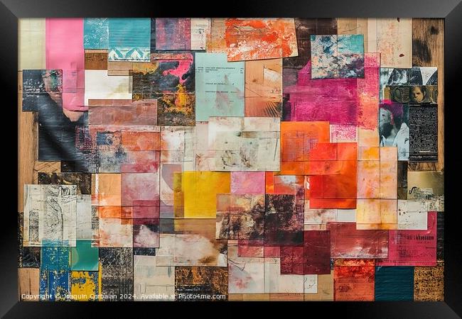 A captivating piece of art displayed on a wall, featuring a transformative collage of harmoniously blended papers, exuding vibrancy and creativity. Framed Print by Joaquin Corbalan