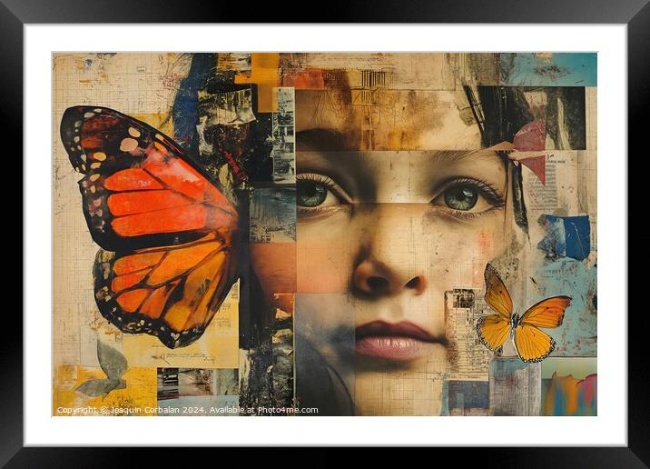 A stunning collage of a woman adorned with vibrant butterfly on her head, creating a harmonious fusion of human and natural beauty. Framed Mounted Print by Joaquin Corbalan