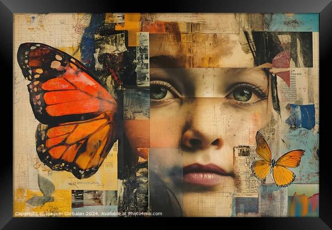 A stunning collage of a woman adorned with vibrant butterfly on her head, creating a harmonious fusion of human and natural beauty. Framed Print by Joaquin Corbalan