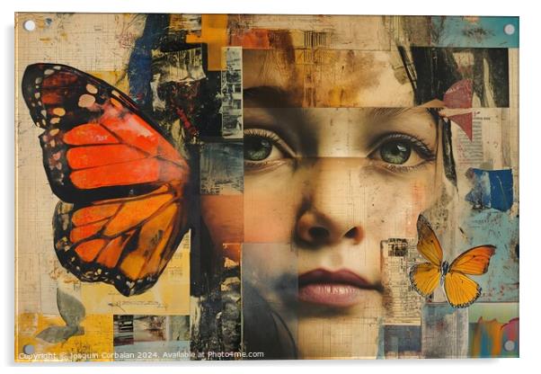 A stunning collage of a woman adorned with vibrant butterfly on her head, creating a harmonious fusion of human and natural beauty. Acrylic by Joaquin Corbalan