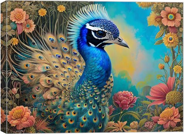 Peacock And Flowers Canvas Print by Anne Macdonald