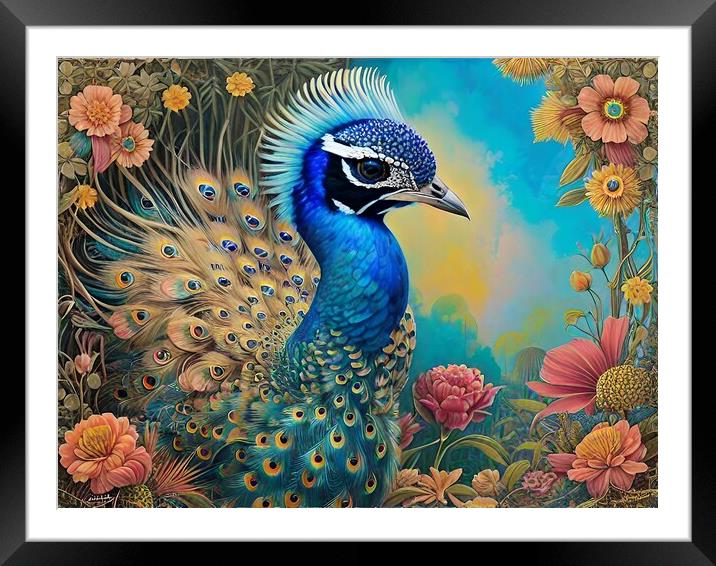 Peacock And Flowers Framed Mounted Print by Anne Macdonald