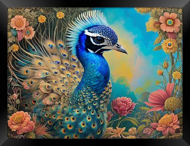 Peacock And Flowers Framed Print by Anne Macdonald