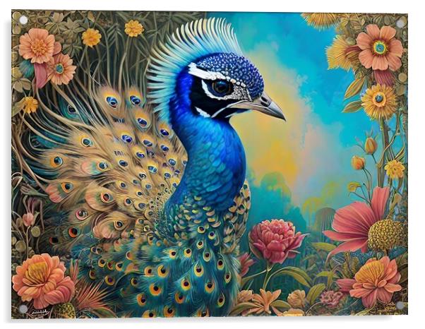Peacock And Flowers Acrylic by Anne Macdonald