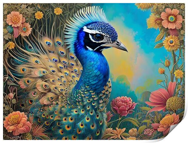 Peacock And Flowers Print by Anne Macdonald