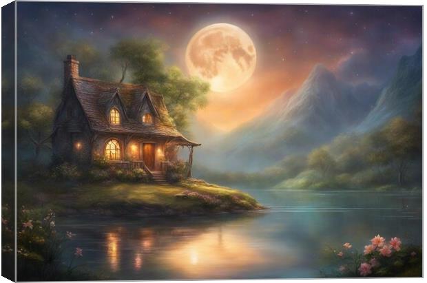 Cottage And Moon Reflecting In A Lake Canvas Print by Anne Macdonald