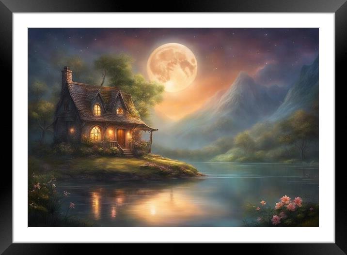 Cottage And Moon Reflecting In A Lake Framed Mounted Print by Anne Macdonald