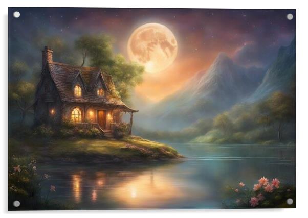 Cottage And Moon Reflecting In A Lake Acrylic by Anne Macdonald