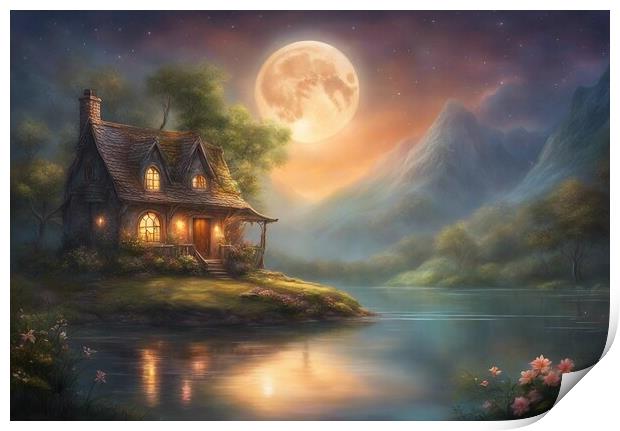 Cottage And Moon Reflecting In A Lake Print by Anne Macdonald