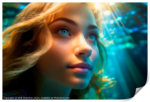 Vibrant portrait of a beautiful blond haired woman underwater Print by Phill Thornton