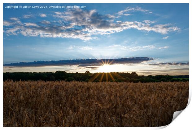Setting sun over wheat field Print by Justin Lowe