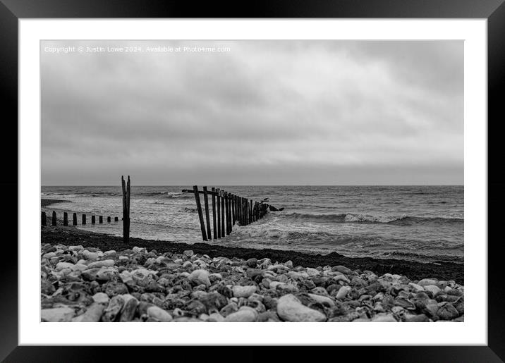 Groynes at beach Seafood Framed Mounted Print by Justin Lowe
