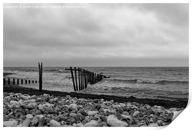 Groynes at beach Seafood Print by Justin Lowe