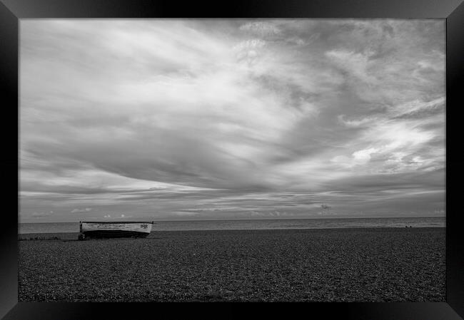fishing boat on the pebble beach at Aldeburgh Framed Print by Justin Lowe