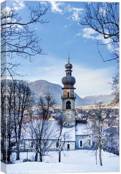 Winter impression from Bruneck with St. Katherine’s Church Canvas Print by Melanie Viola
