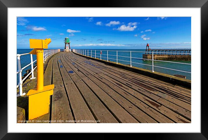 Whitby Piers - Yellow, Green, Red and Sky Blue Framed Mounted Print by Cass Castagnoli