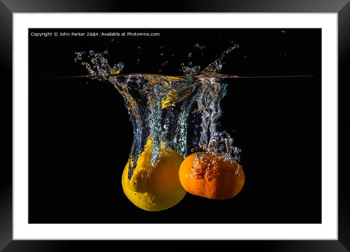 Splash Fruit Lemon and Satsuma Framed Mounted Print by John Parker