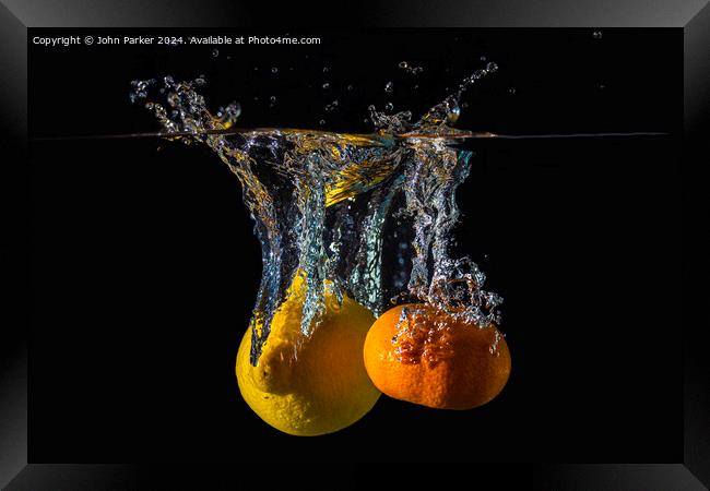 Splash Fruit Lemon and Satsuma Framed Print by John Parker