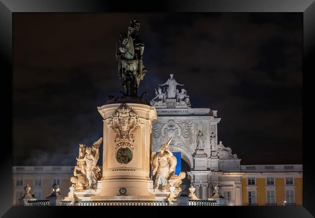 King Jose I and Rua Augusta At Night In Lisbon Framed Print by Artur Bogacki