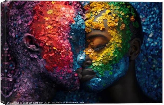 Two individuals with their faces painted in contrasting hues expressing themselves artistically. Canvas Print by Joaquin Corbalan