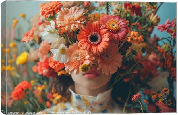 A woman wearing a crown made of colorful flowers, showcasing her unique style and love for nature. Canvas Print by Joaquin Corbalan