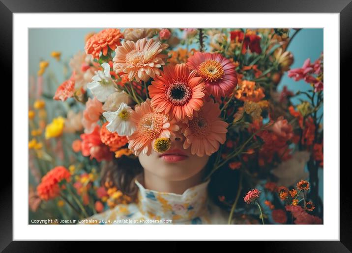 A woman wearing a crown made of colorful flowers, showcasing her unique style and love for nature. Framed Mounted Print by Joaquin Corbalan