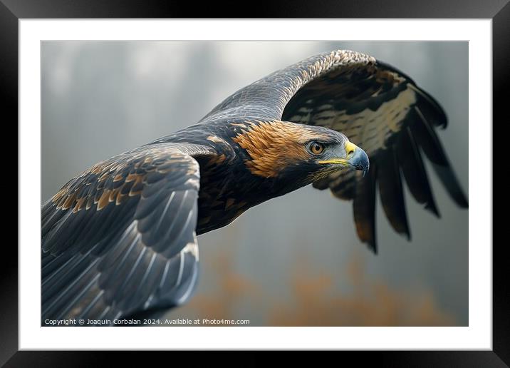 A dark gray and fine-feathered golden eagle, a large bird of prey, gracefully flying through the air. Framed Mounted Print by Joaquin Corbalan