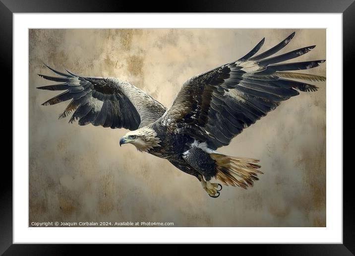A detailed painting capturing the powerful flight of a golden eagle against a dark gray backdrop. Framed Mounted Print by Joaquin Corbalan